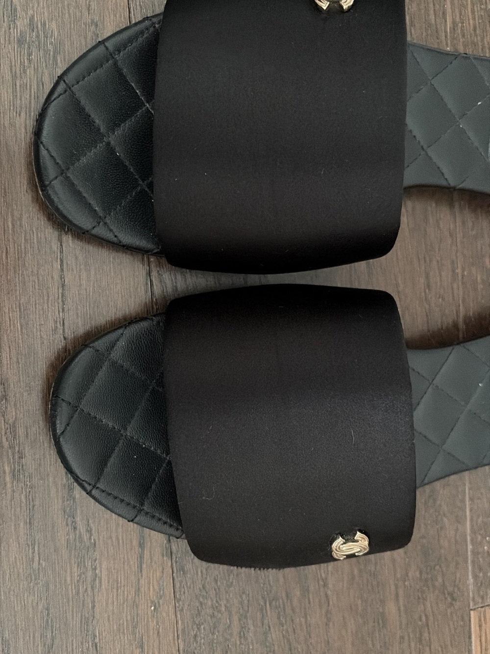 CHANEL Black Satin Quilted Slide Sandals with Gold CC Emblem - Picture 3 of 7